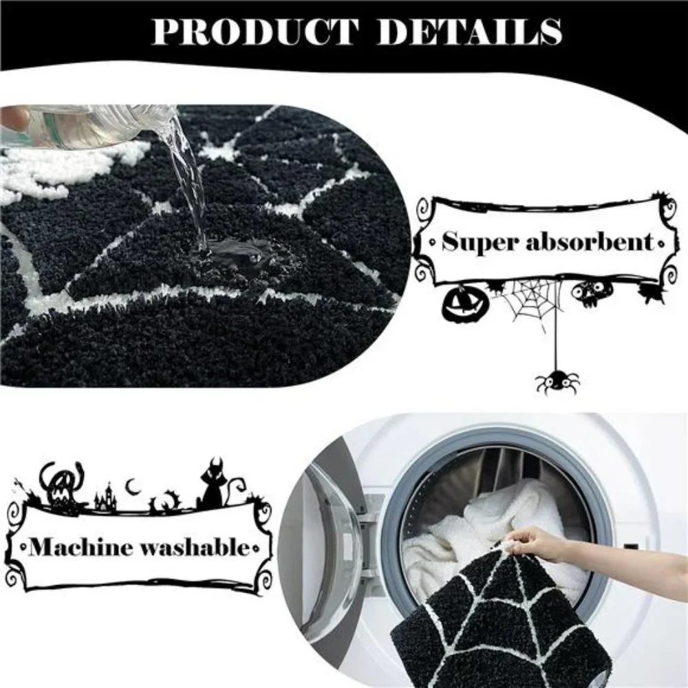 Halloween Bathroom Rugs Spider Webs Round Mats Non Slip Black Washable 28